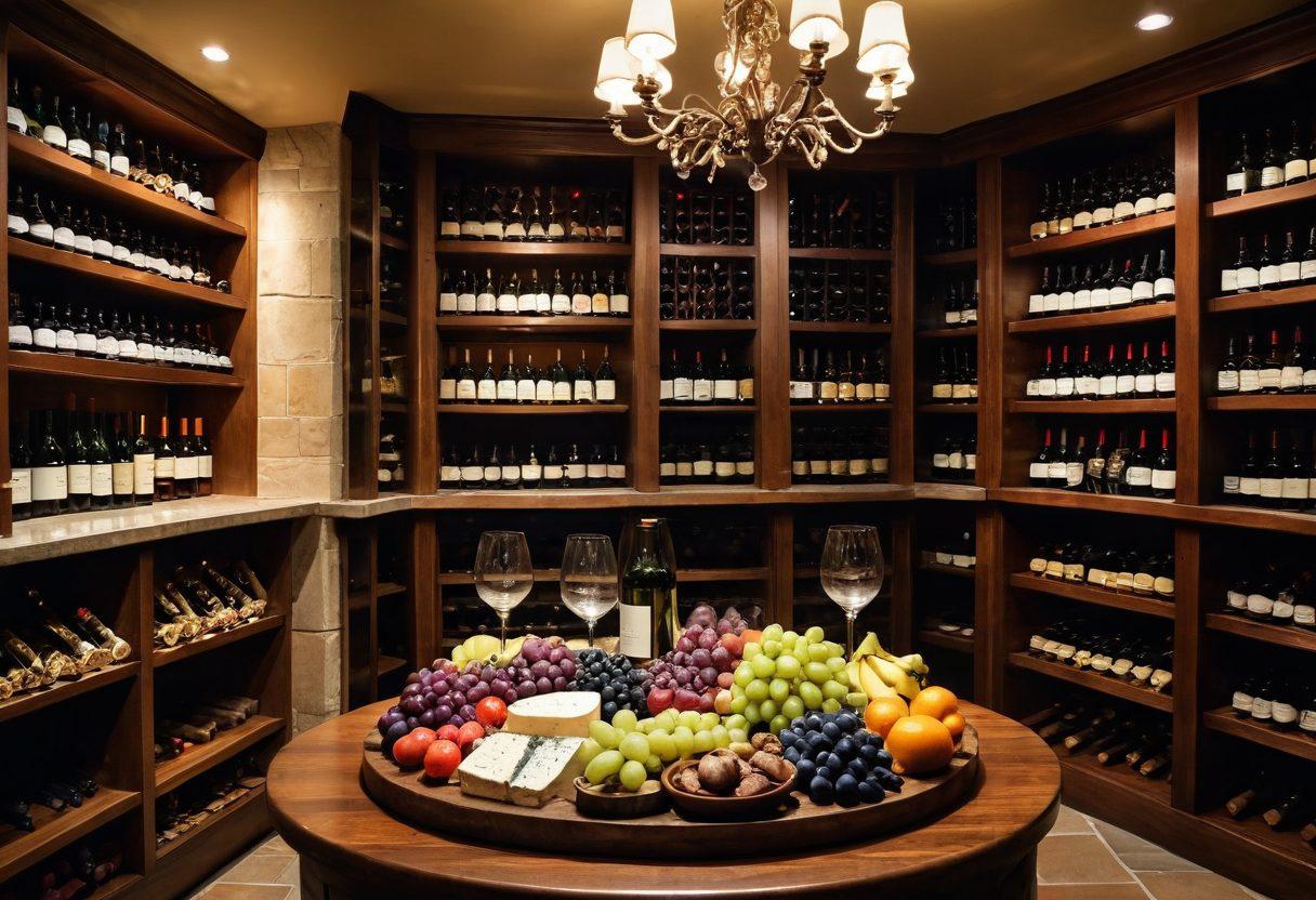 An elegant wine cellar filled with various wine bottles and beautiful glassware, a cheese platter adorned with fresh fruits, and a cozy ambiance with soft lighting. Showcase a stylish wine gift set displayed prominently, emphasizing the art of wine selection and pairings. Captivating details in the background like shelves filled with wine books, enhancing the expertise theme. super-realistic. warm colors. soft focus.