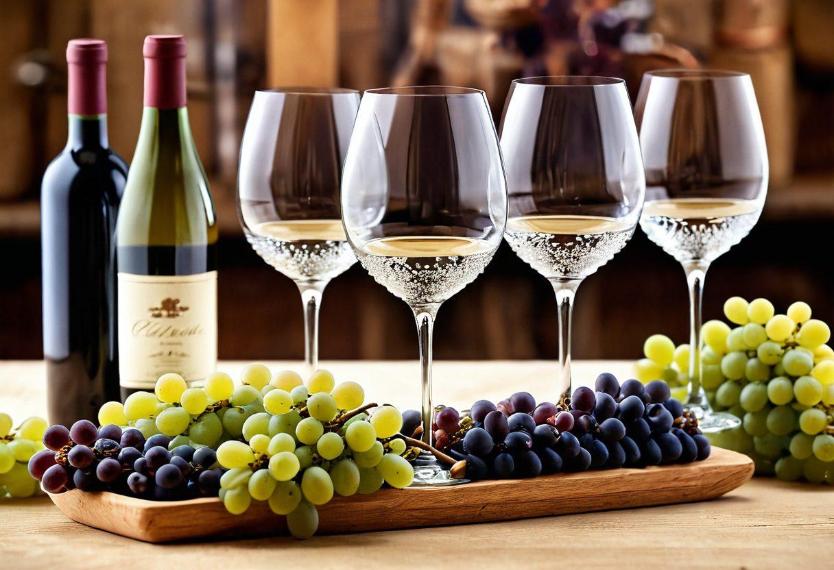 A luxurious wine tasting scene featuring an elegant table set with an assortment of vintage and premium wines, adorned with delicate crystal wine glasses, rich wooden accents, and vibrant green grapevines in the background. Soft, warm lighting enhances the inviting atmosphere, while a corkscrew and wine cork lay artistically on the table. This image evokes a sense of sophistication and celebration of fine wines. super-realistic. warm colors. soft focus.