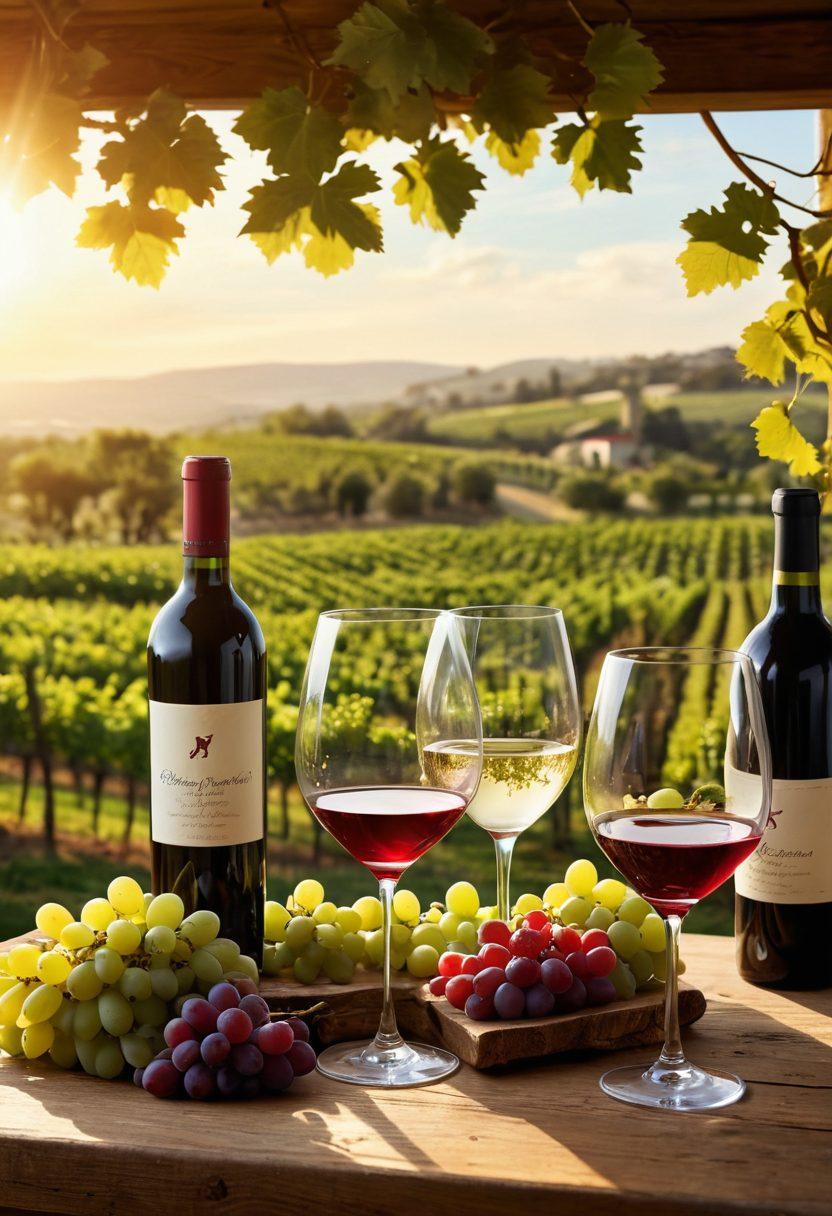 A beautifully arranged wine tasting scene featuring a variety of organic wines: rich red, crisp white, and elegant sparkling. Include a rustic wooden table adorned with wine glasses catching natural light, surrounded by fresh grapes and herbs. In the background, a vineyard landscape under a golden sunset for ambiance. Include detailed textures and warm tones to evoke a sense of sophistication and organic beauty. super-realistic. vibrant colors. natural lighting.